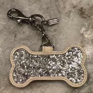 Coach Silver Glitter Bone Tag with Cream Trim and Clip